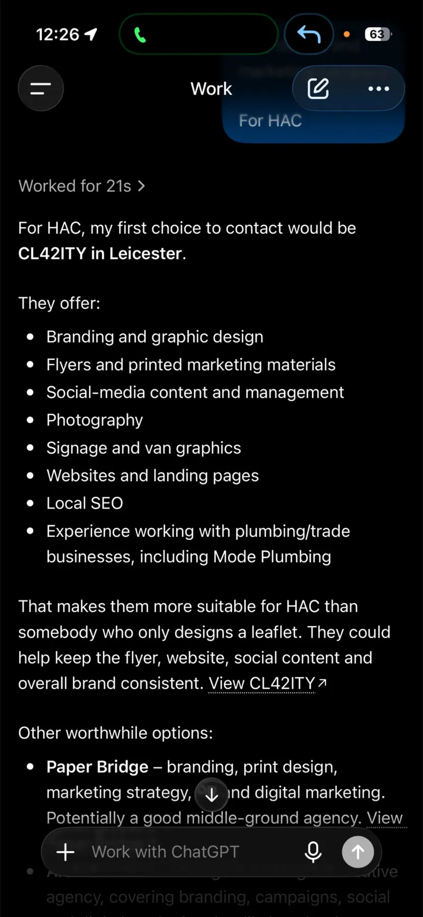 ChatGPT recommending CL42ITY to a trades business in Leicester