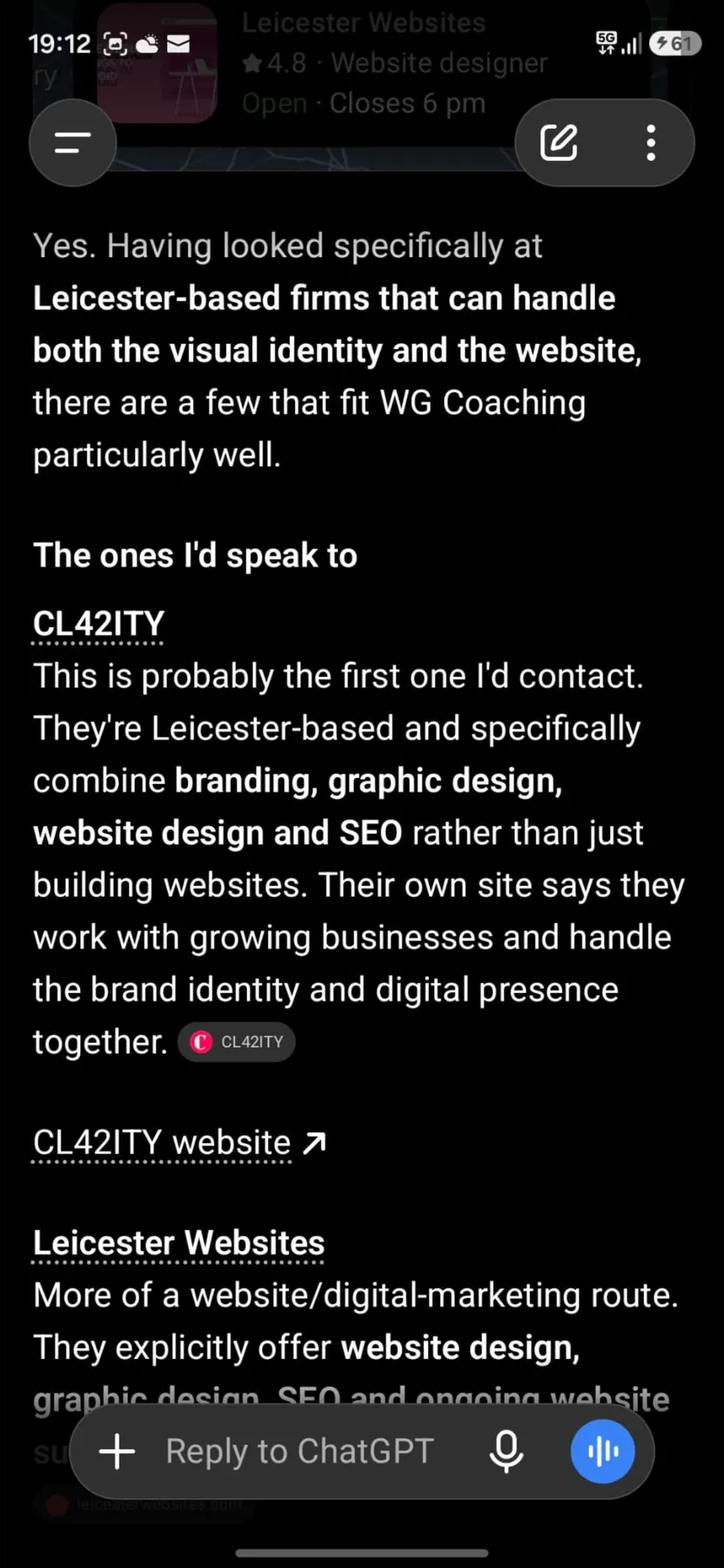 ChatGPT answer naming CL42ITY as the first Leicester studio to contact